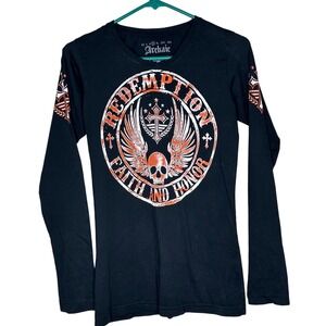 Archaic Women's Black Long Sleeve Skull Wings Faith Honor Graphic T Shirt M/L